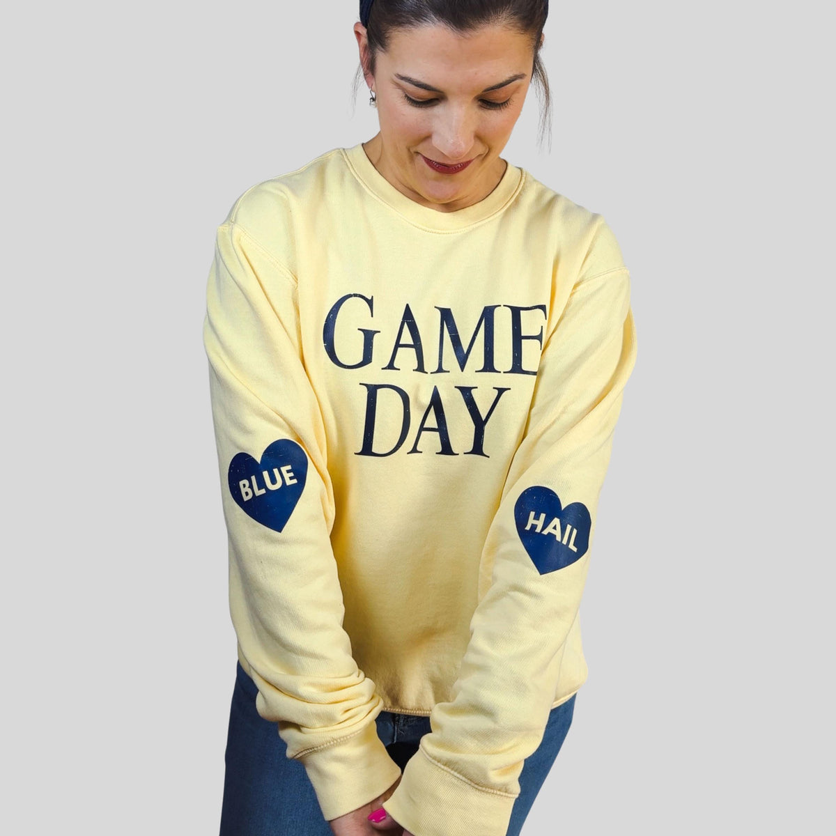 Game Day Lightweight Sweatshirt | Women’s Football Pullover with Heart Sleeve Design | HAIL and BLUE Michigan College Fan Gear